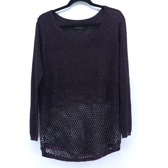 Rock & Republic Sheer Dk Purple Withcy Goth Mesh Knit Metallic Longsleeve Top M - Picture 1 of 9